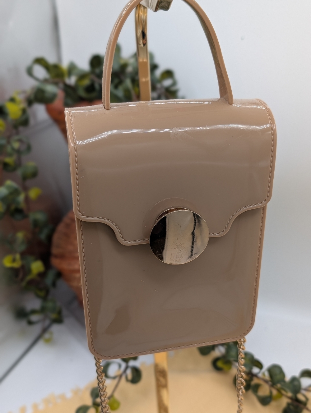 Nude Patent Mini Bag Top Handle Gold Chain Crossbody Trendy Chic‎